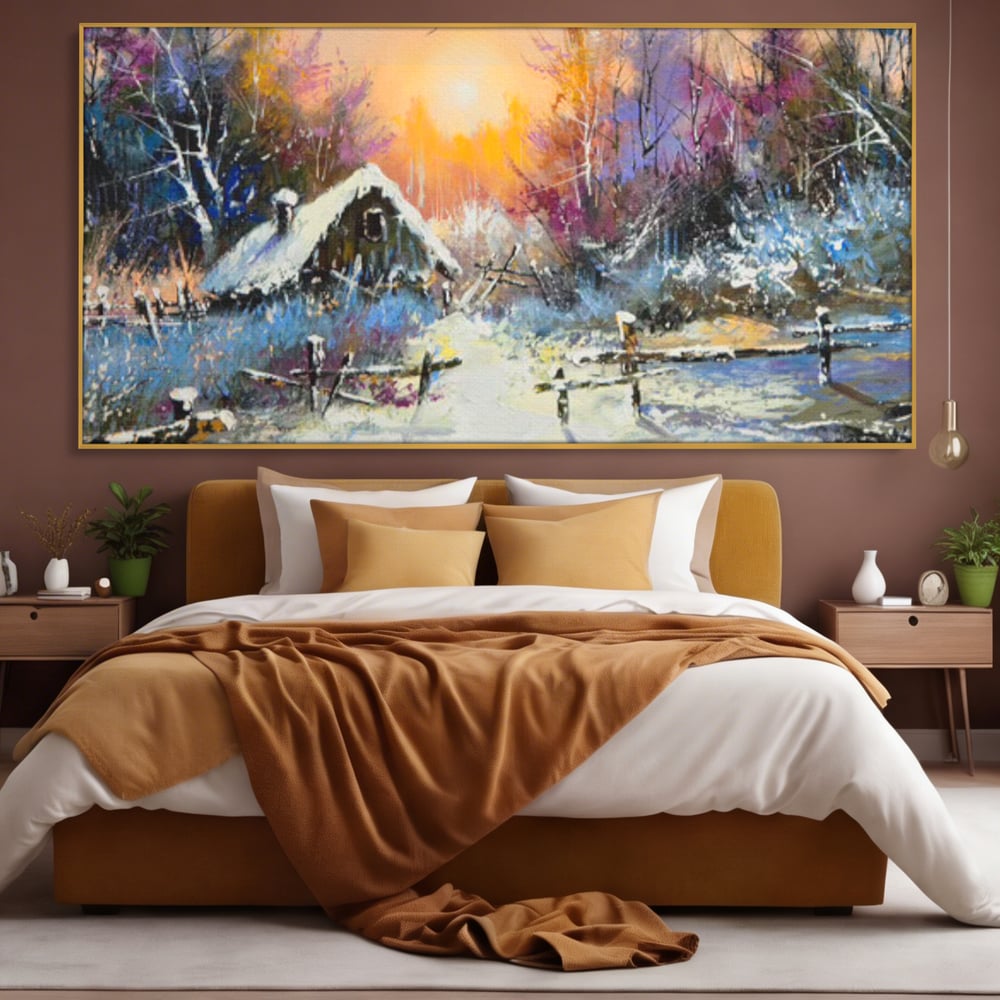 Tablou canvas cu tablou canvas cu peisaj de iarna, in rama de aluminiu auriu, pe perete intr-un dormitor